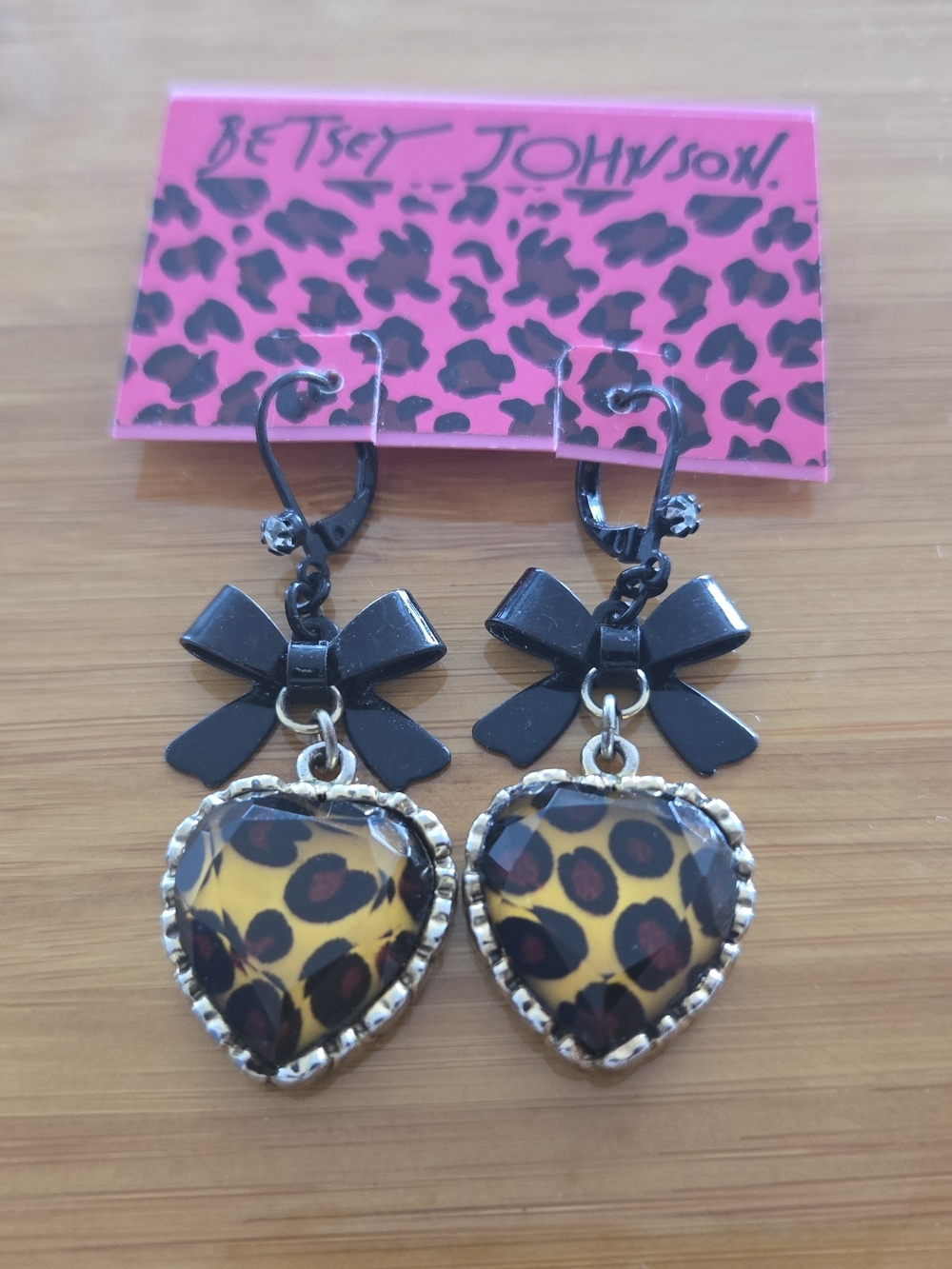 Betsey Johnson Black Bow Leopard Heart Drop Earrings